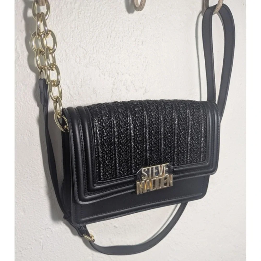 Steve Madden‎ Black Crossbody Bag Woven Chain Strap Flap Closure